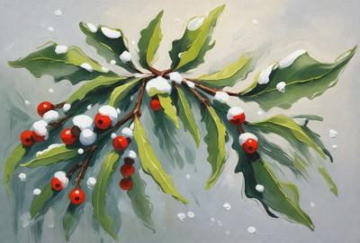The primary subject of the image is a close-up of a branch with berries on it. The setting is a snowy environment, with the branch being the main focus of the scene. The visual style is a painting, with the artist's brushstrokes visible in the image. The dominant colors are red and white, with the red berries contrasting against the white snow. The overall atmosphere of the painting is serene and captivating.